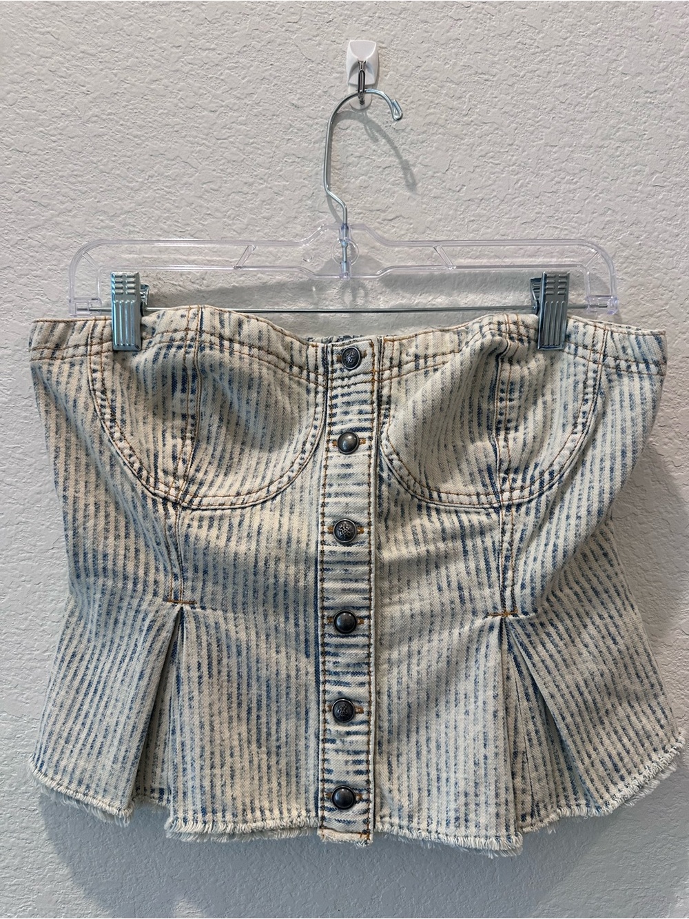 Pilcro Anthropologie Striped Denim Corset Top Blue White Strapless Button Small
